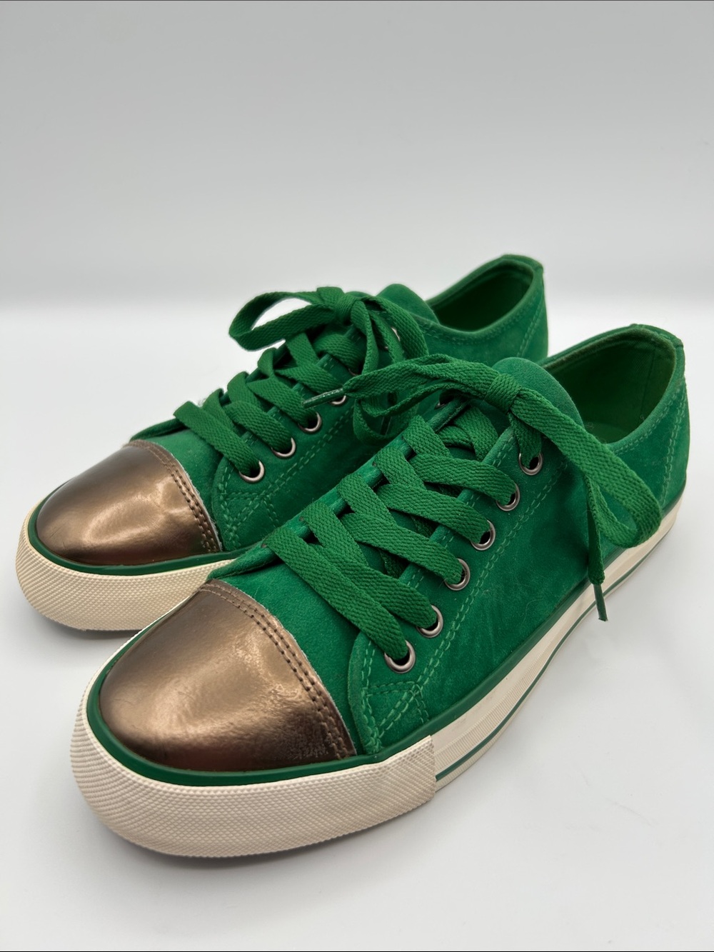 twiggy LONDON Green Suede Metallic Bronze Toe Lace Up Sneakers